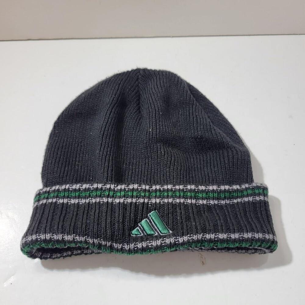 Adidas Hat Cap Fitted Mens Medium Knit Beanie Winter Black Green Embroidered
